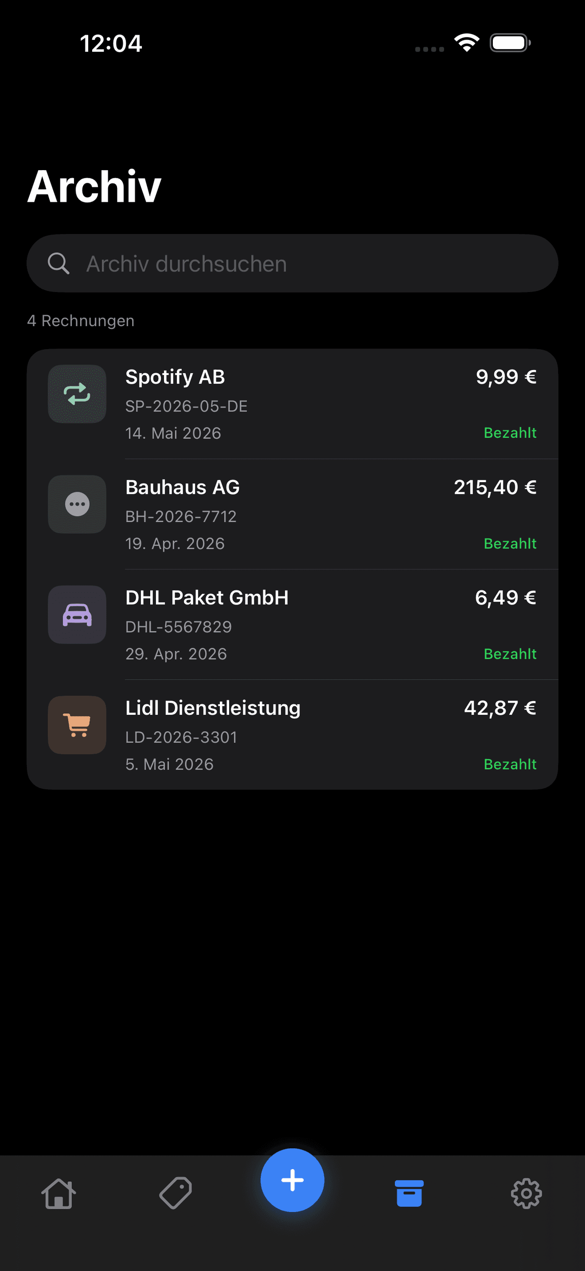 BillWing App — Archiv mit bezahlten Rechnungen und Suchfunktion