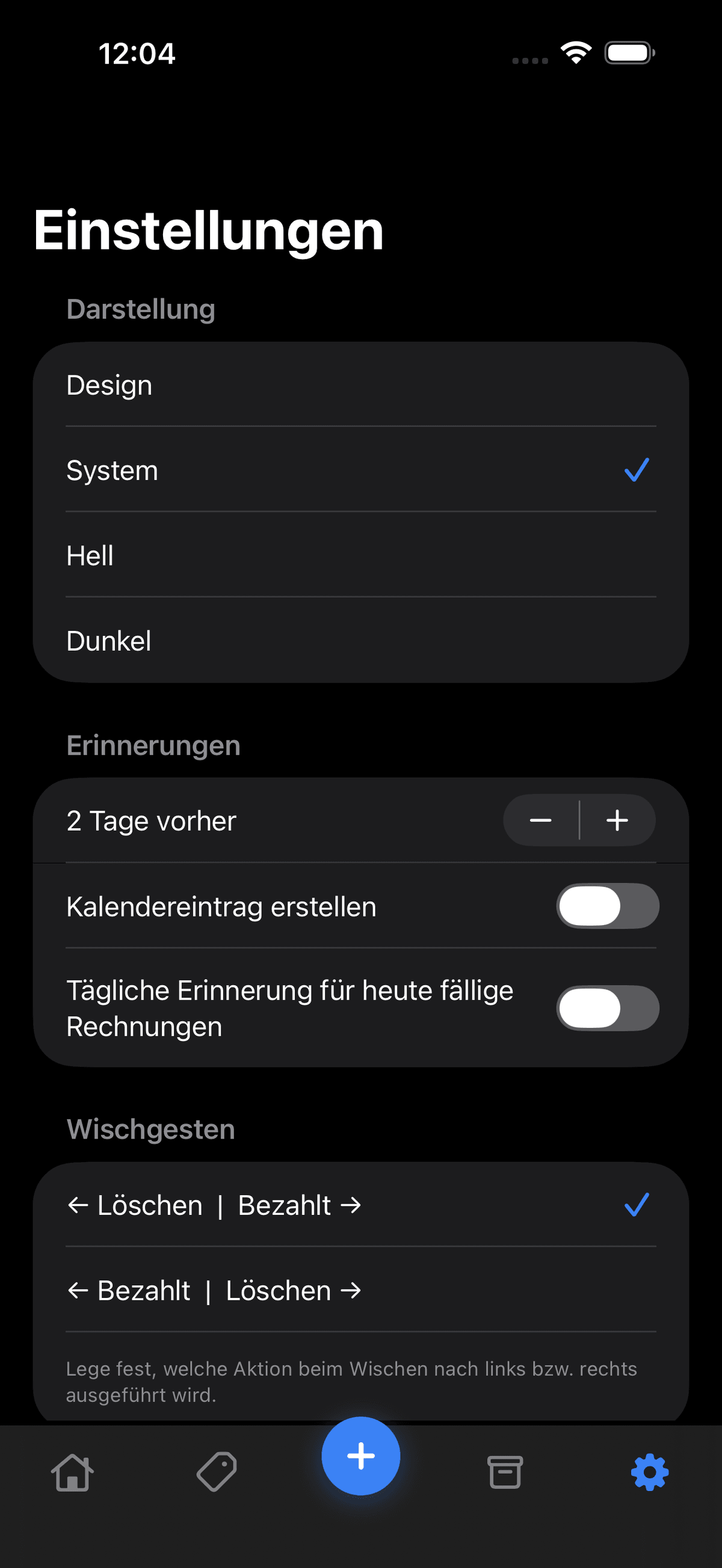 BillWing App — Einstellungen für Design, Erinnerungen und Wischgesten