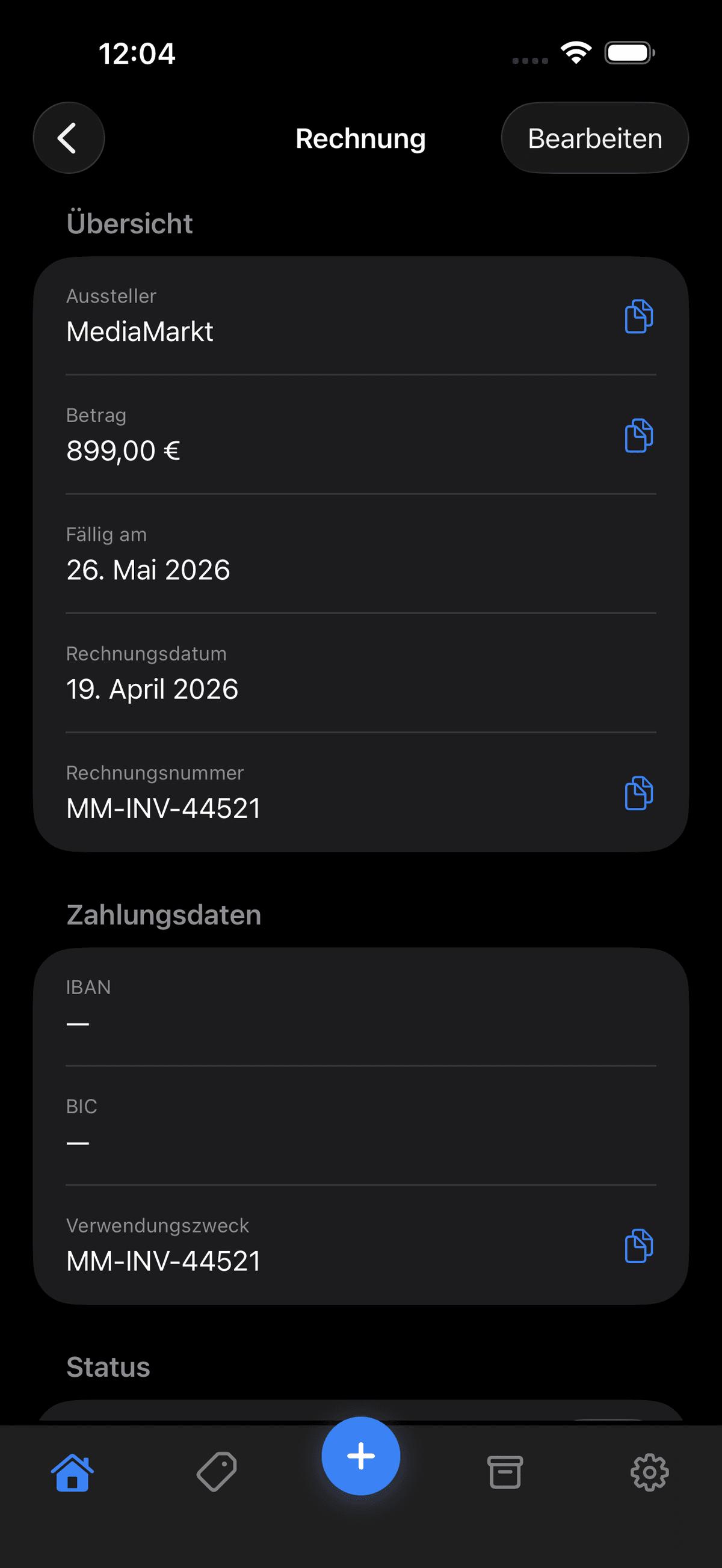 BillWing App — Rechnungsdetail mit IBAN, Betrag und Fälligkeitsdatum