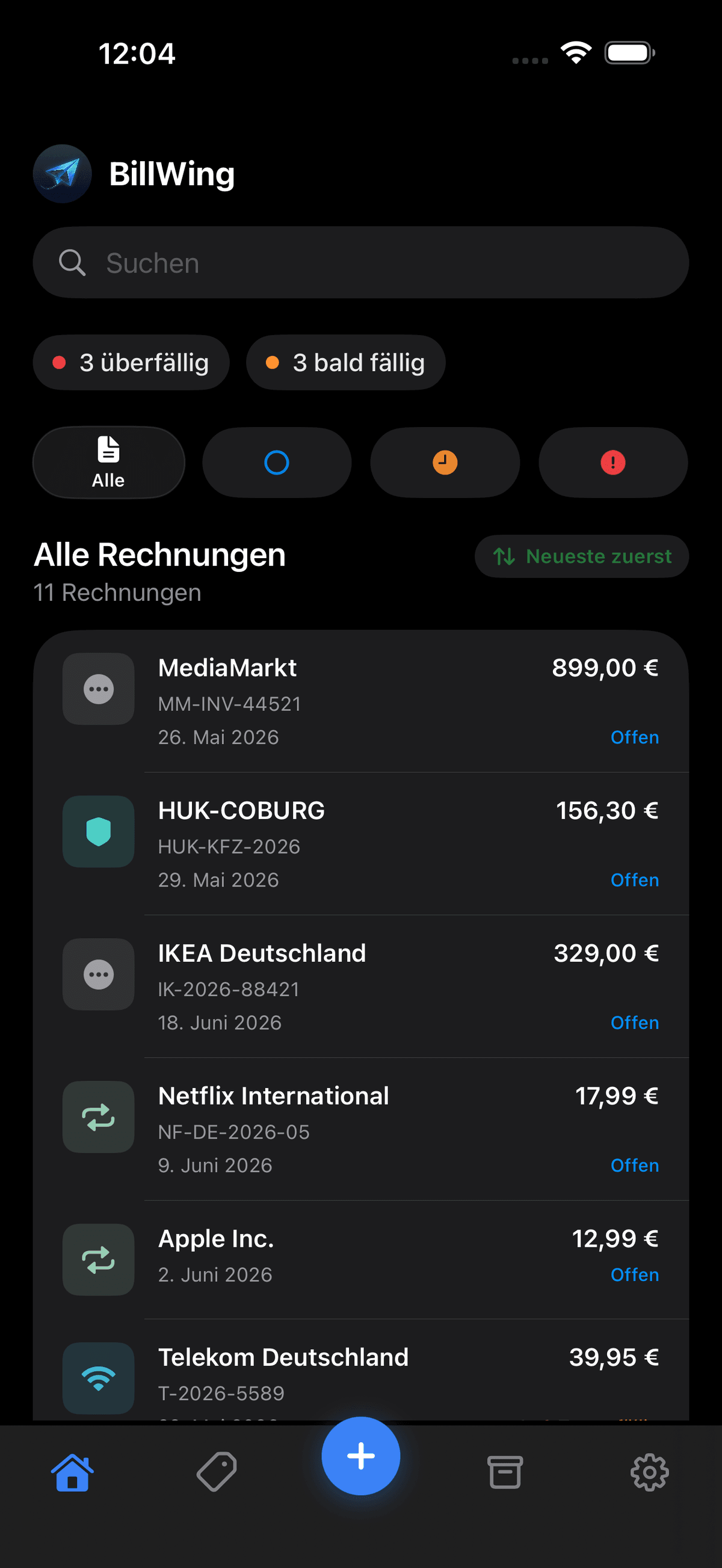 BillWing App — Rechnungsübersicht mit Filtern, Suche und Statusanzeige