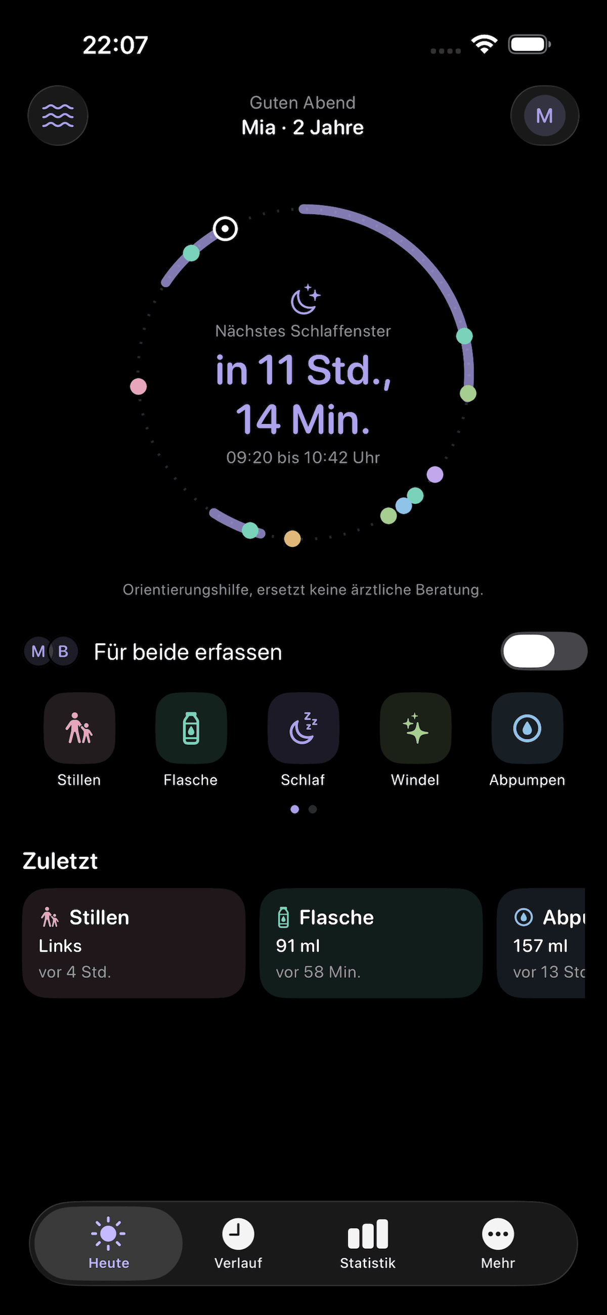 Draumi App — Heute-Ansicht mit Schlafuhr, Quick-Log und Tagesübersicht