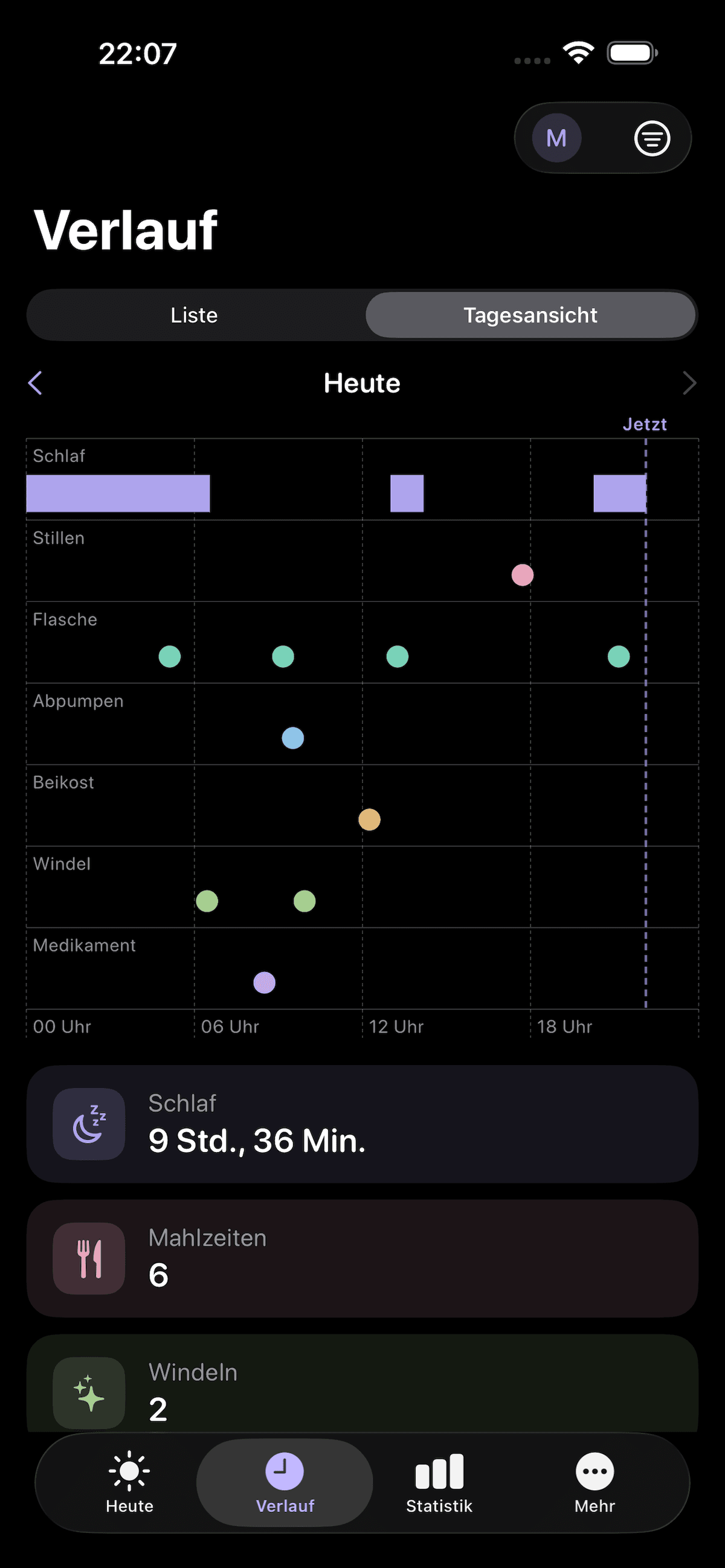 Draumi App — Verlauf als Tagesansicht mit Timeline und Zusammenfassung